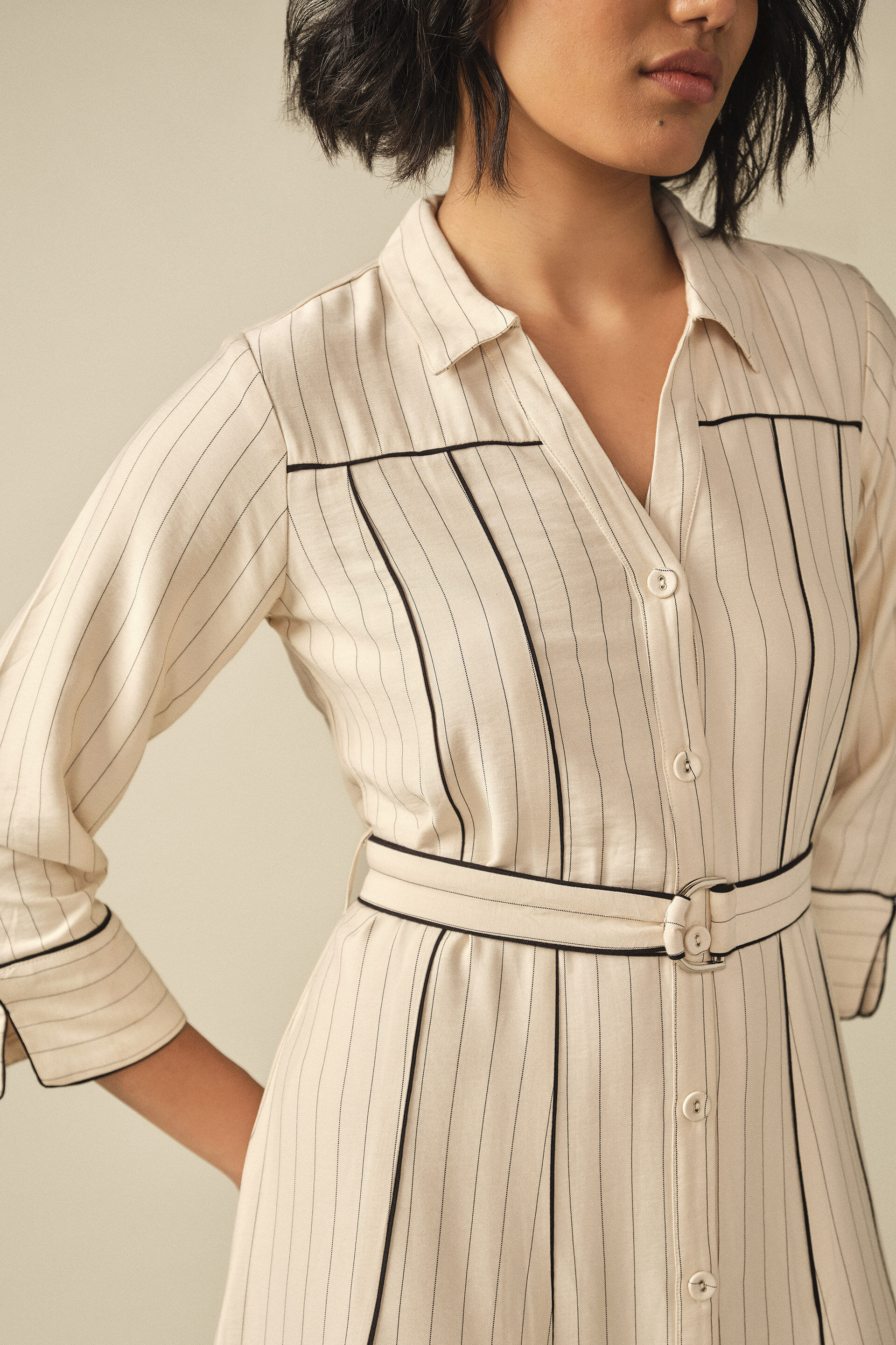 Tie-up Pinstripe Midi Dress in Cream, Cream, image 4